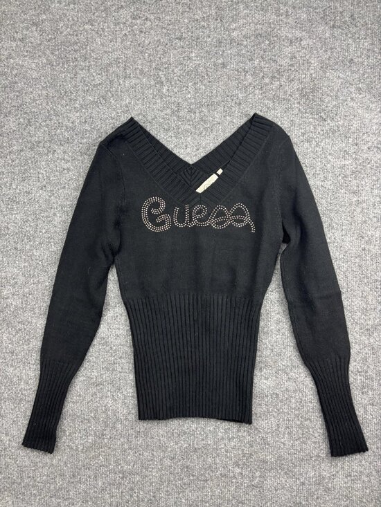 Guess Sweater Womens Small Black V-Neck Rhinestone Logo Ribbed Knit Pullover - Picture 1 of 9